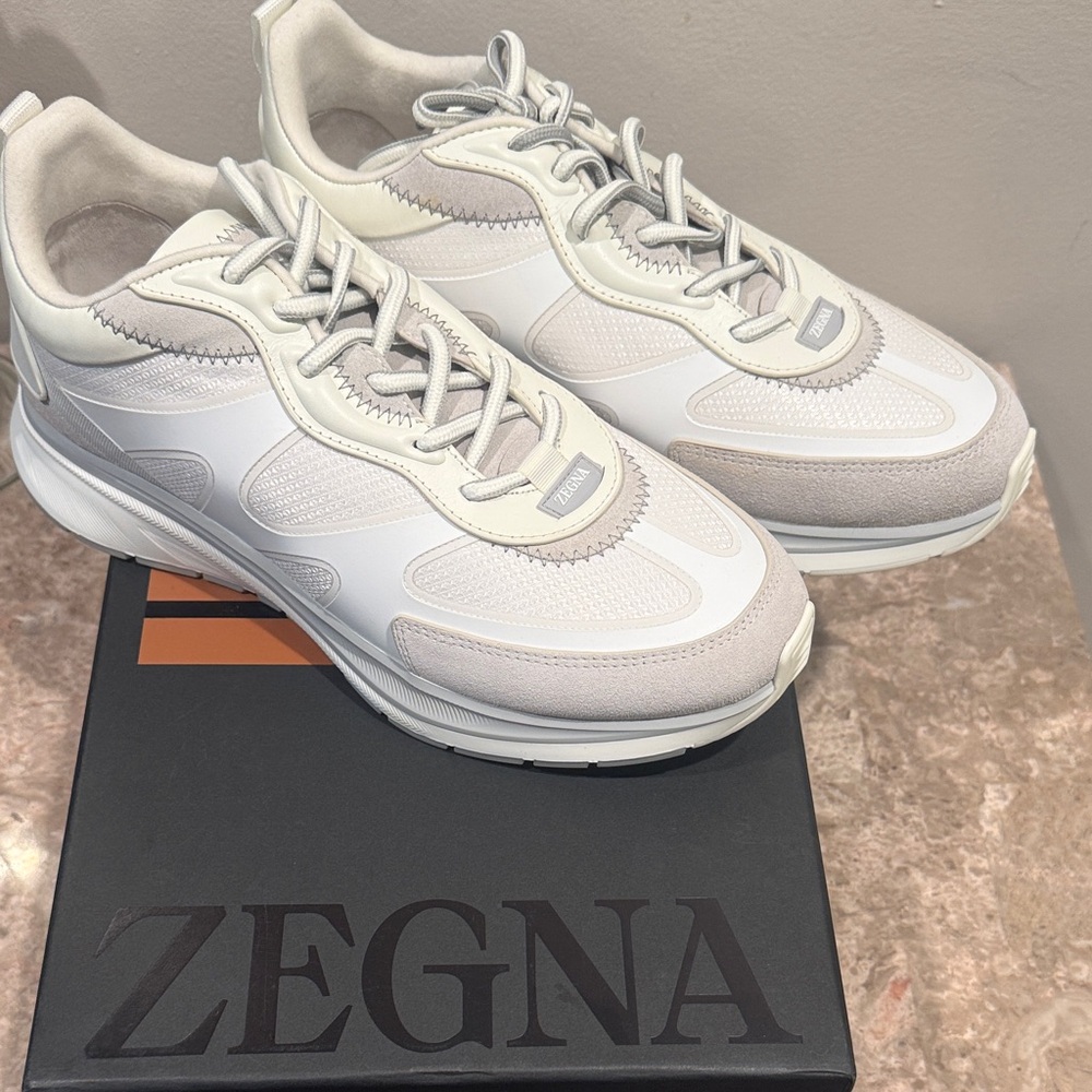 Zegna Men’s Cream & Blush Mesh Suede Sneakers